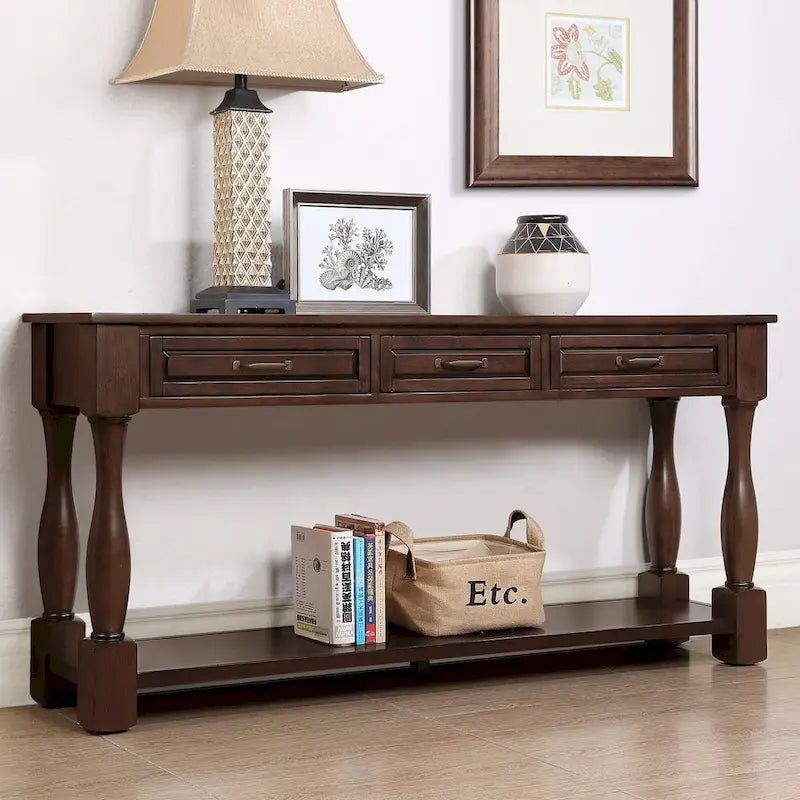 Solid Wood Console Table with 3 Drawers Bottom Shelf Retro Style