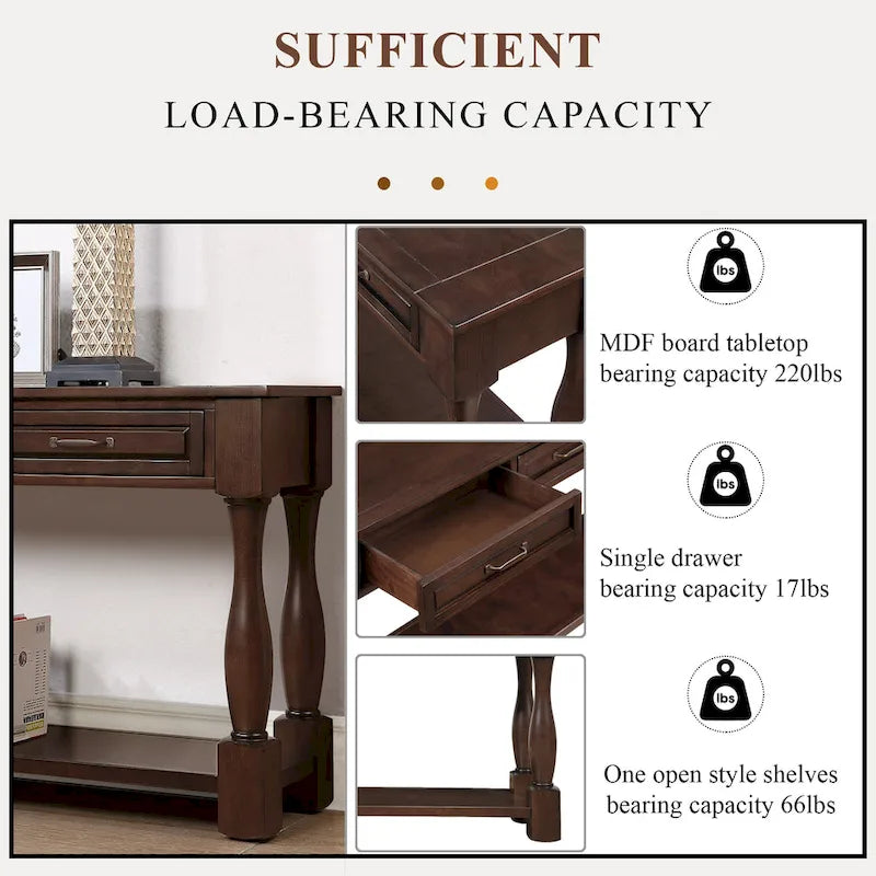 Solid Wood Console Table with 3 Drawers Bottom Shelf Retro Style