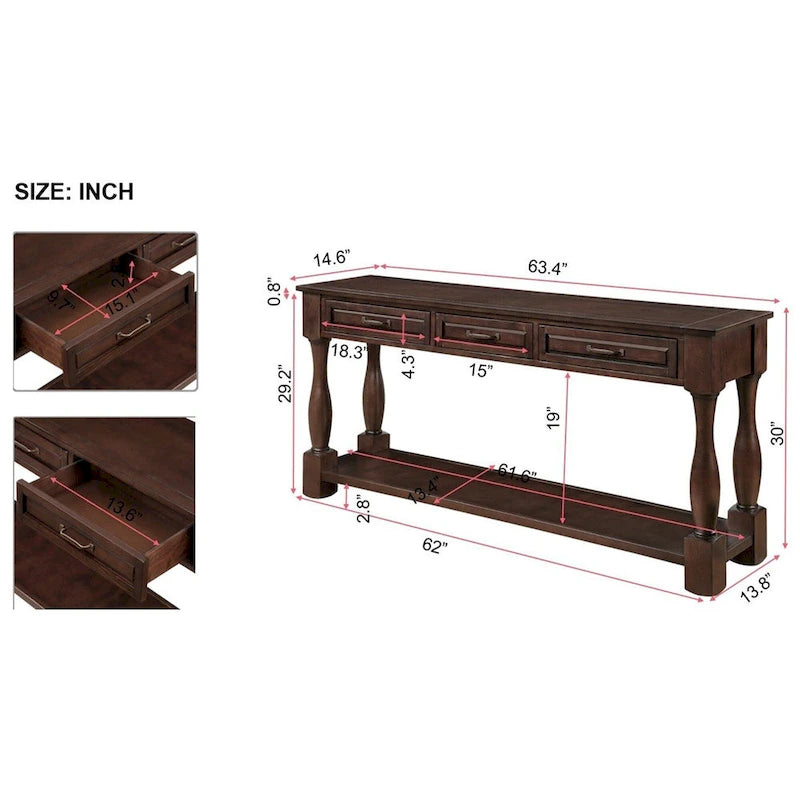 Solid Wood Console Table with 3 Drawers Bottom Shelf Retro Style