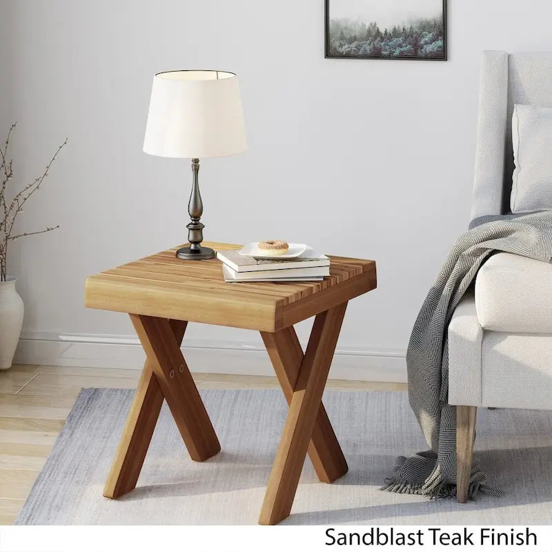 Farmhouse Acacia Wood Side Table Cross Base Grey Brown