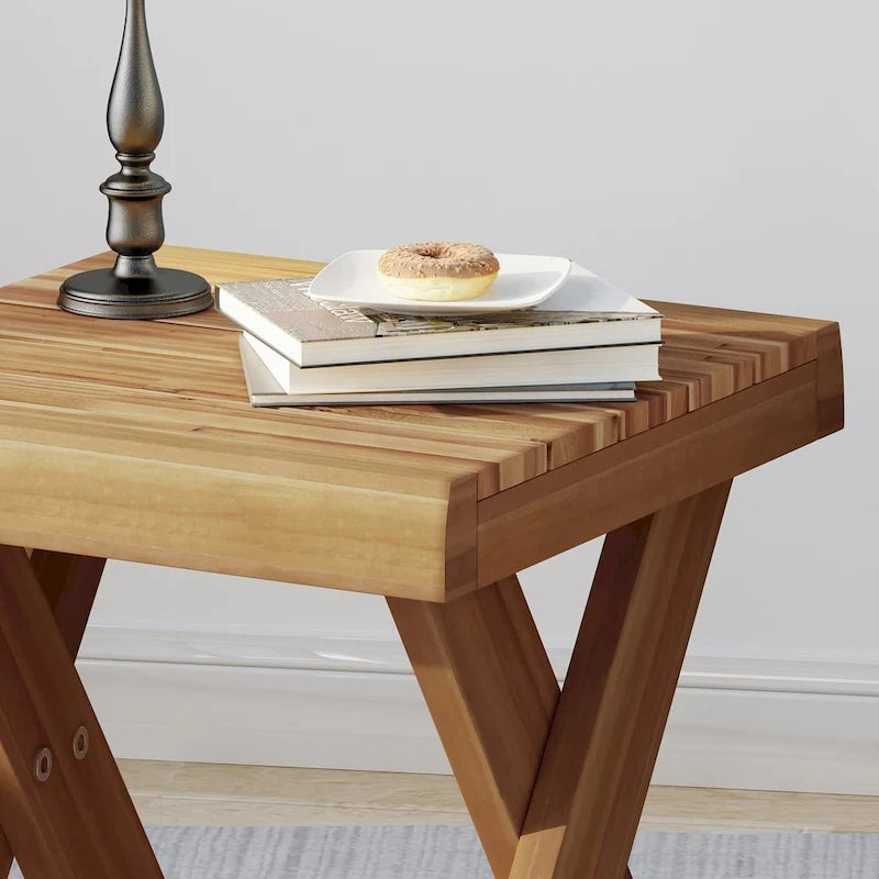 Farmhouse Acacia Wood Side Table Cross Base Grey Brown