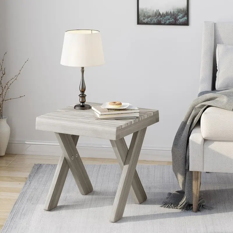 Farmhouse Acacia Wood Side Table Cross Base Grey Brown