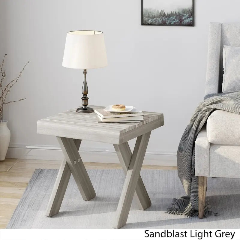 Farmhouse Acacia Wood Side Table Cross Base Grey Brown