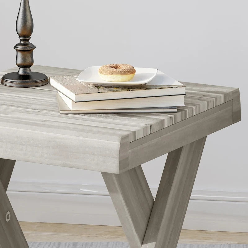Farmhouse Acacia Wood Side Table Cross Base Grey Brown