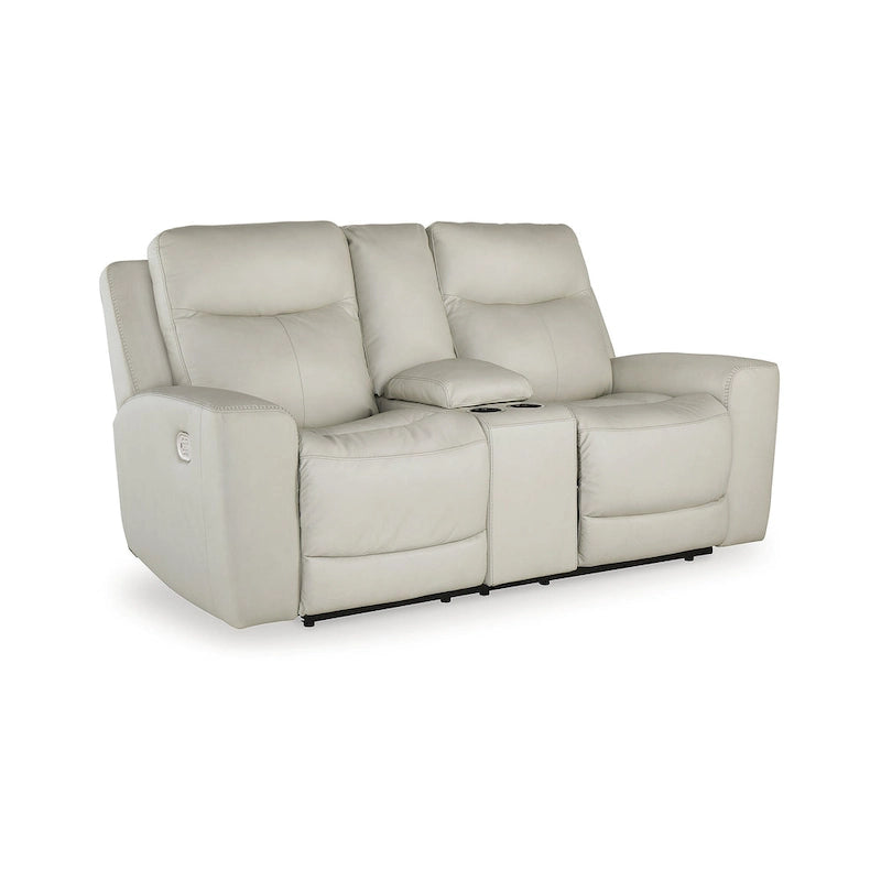 Cream Leather Power Reclining Loveseat with Center Console and USB Port