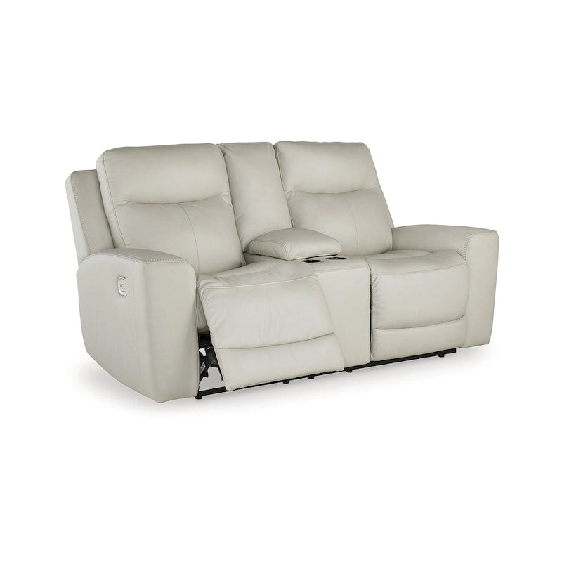 Cream Leather Power Reclining Loveseat with Center Console and USB Port