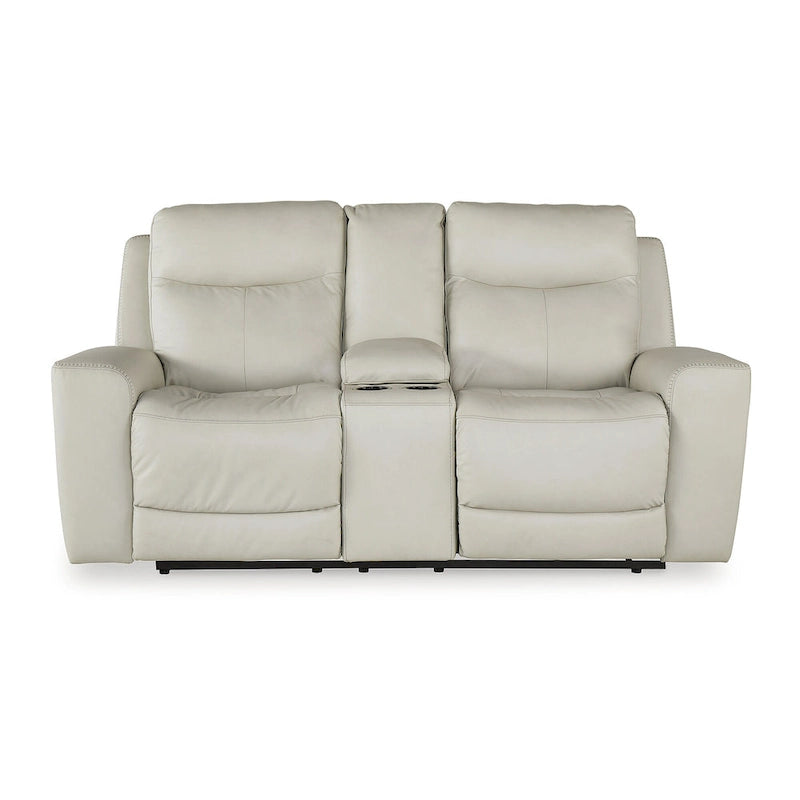 Cream Leather Power Reclining Loveseat with Center Console and USB Port