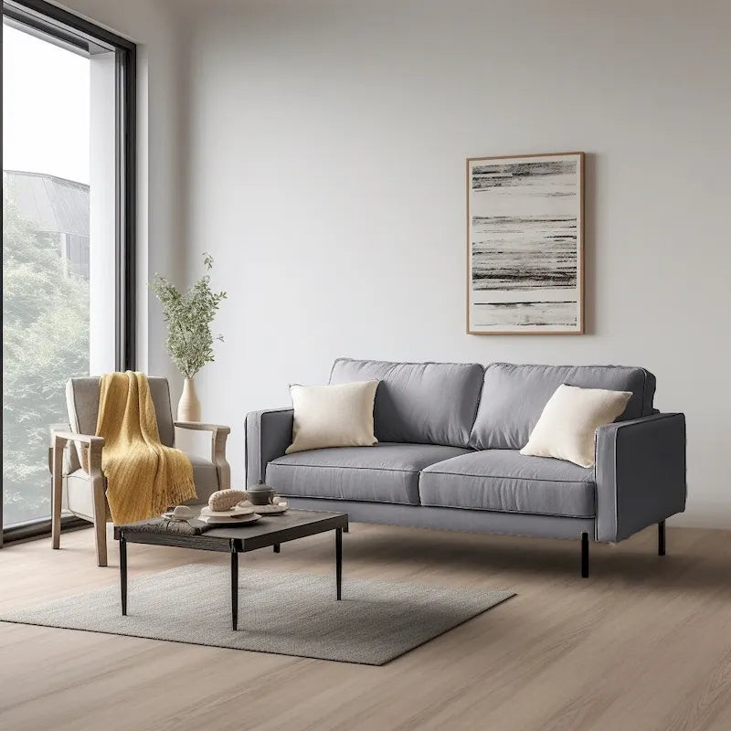 Contemporary Linen Square Arm Sofa Foam Cushioned Black Metal Legs