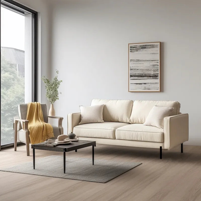Contemporary Linen Square Arm Sofa Foam Cushioned Black Metal Legs