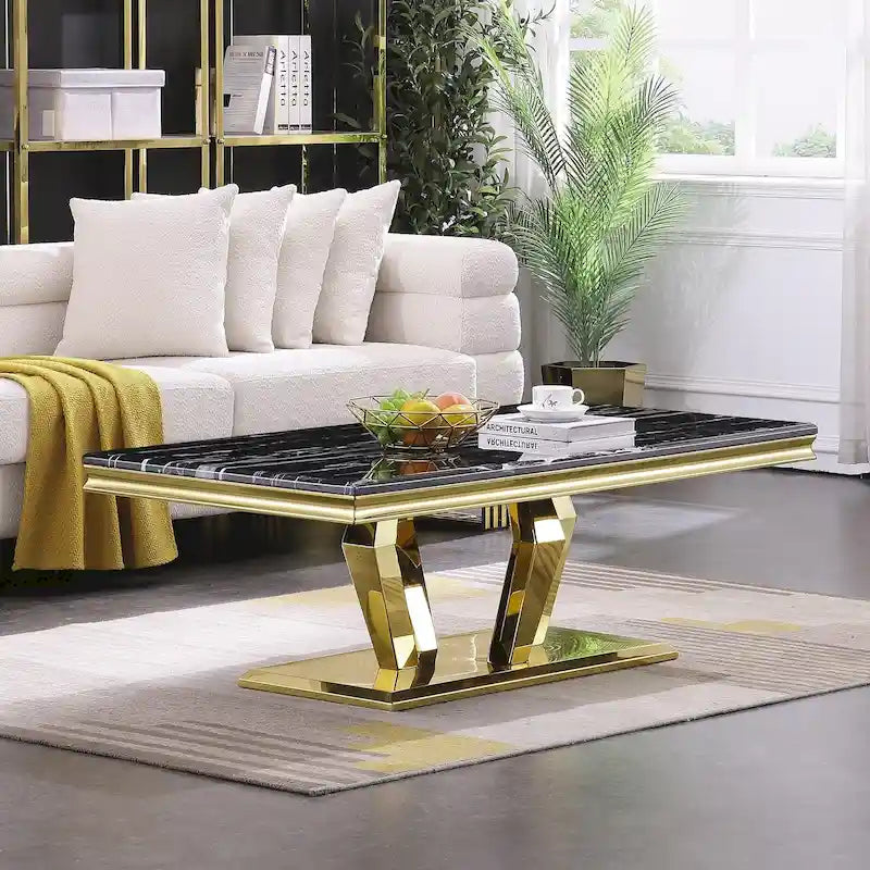 Rectangular Faux Marble Top Coffee Table with Gold Mirrored Stainless Steel Base
