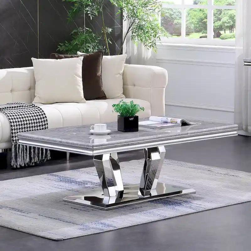 Rectangular Faux Marble Top Coffee Table with Gold Mirrored Stainless Steel Base