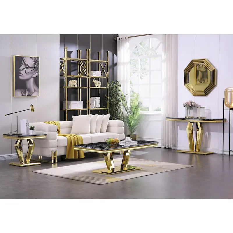 Rectangular Faux Marble Top Coffee Table with Gold Mirrored Stainless Steel Base