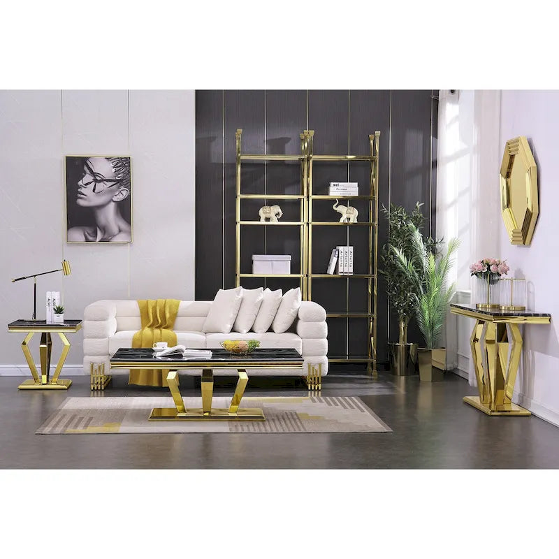 Rectangular Faux Marble Top Coffee Table with Gold Mirrored Stainless Steel Base