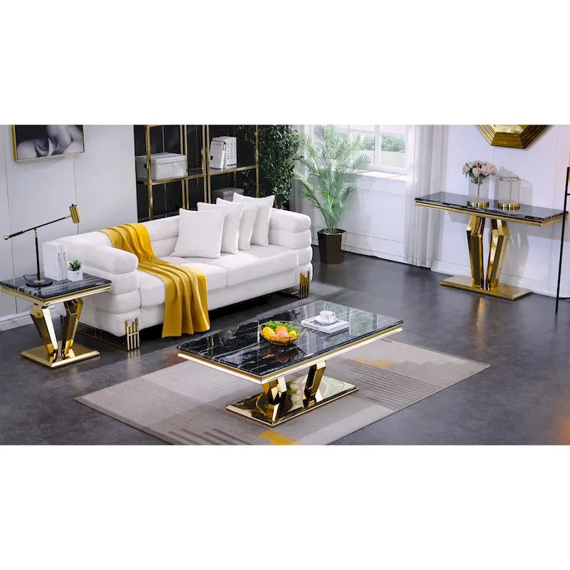 Rectangular Faux Marble Top Coffee Table with Gold Mirrored Stainless Steel Base