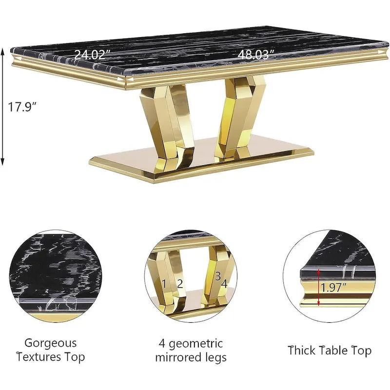 Rectangular Faux Marble Top Coffee Table with Gold Mirrored Stainless Steel Base