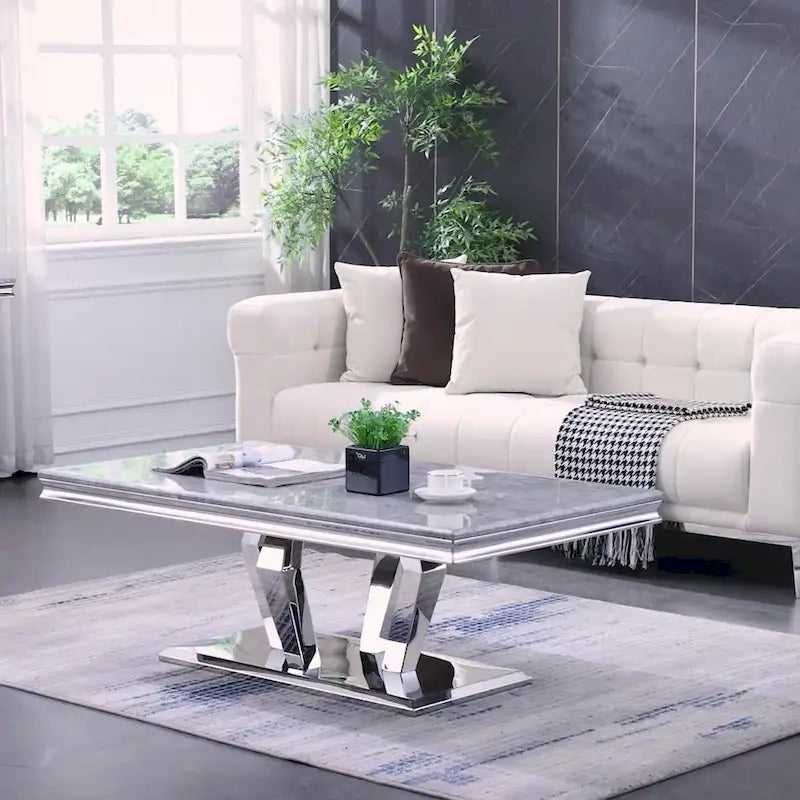 Rectangular Faux Marble Top Coffee Table with Gold Mirrored Stainless Steel Base