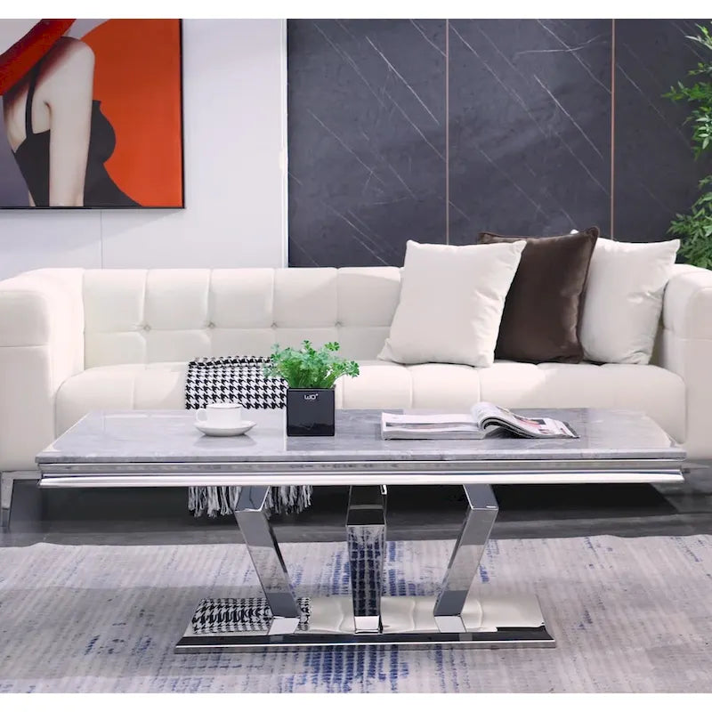 Rectangular Faux Marble Top Coffee Table with Gold Mirrored Stainless Steel Base
