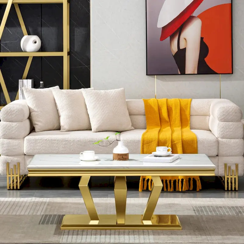 Rectangular Faux Marble Top Coffee Table with Gold Mirrored Stainless Steel Base