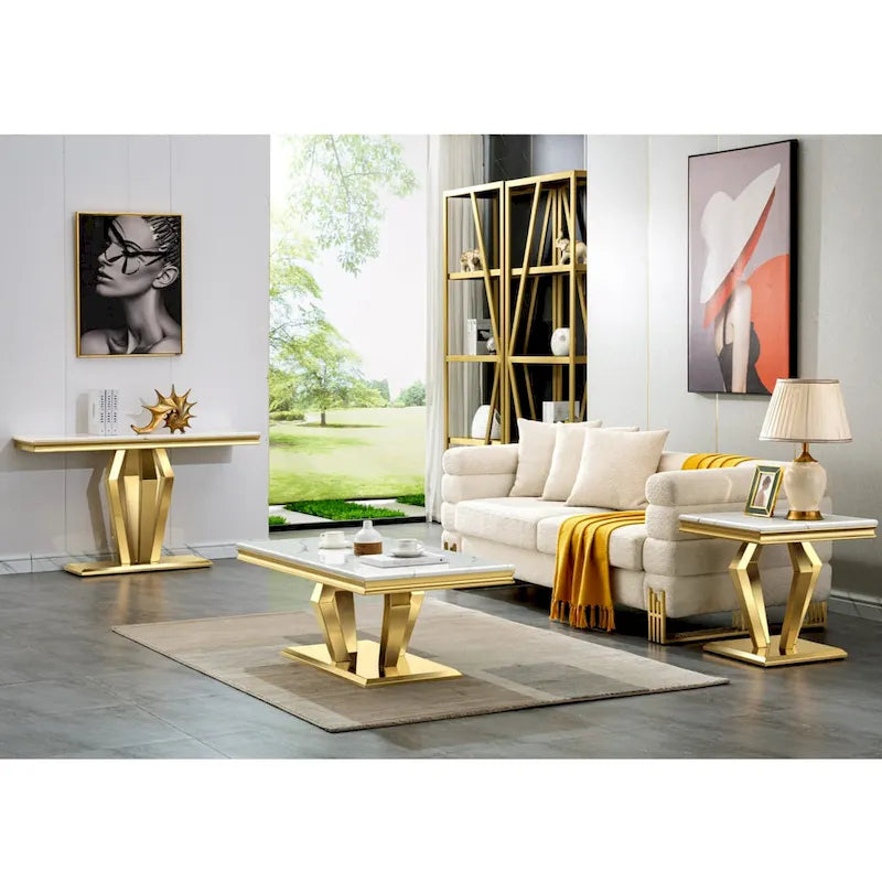 Rectangular Faux Marble Top Coffee Table with Gold Mirrored Stainless Steel Base