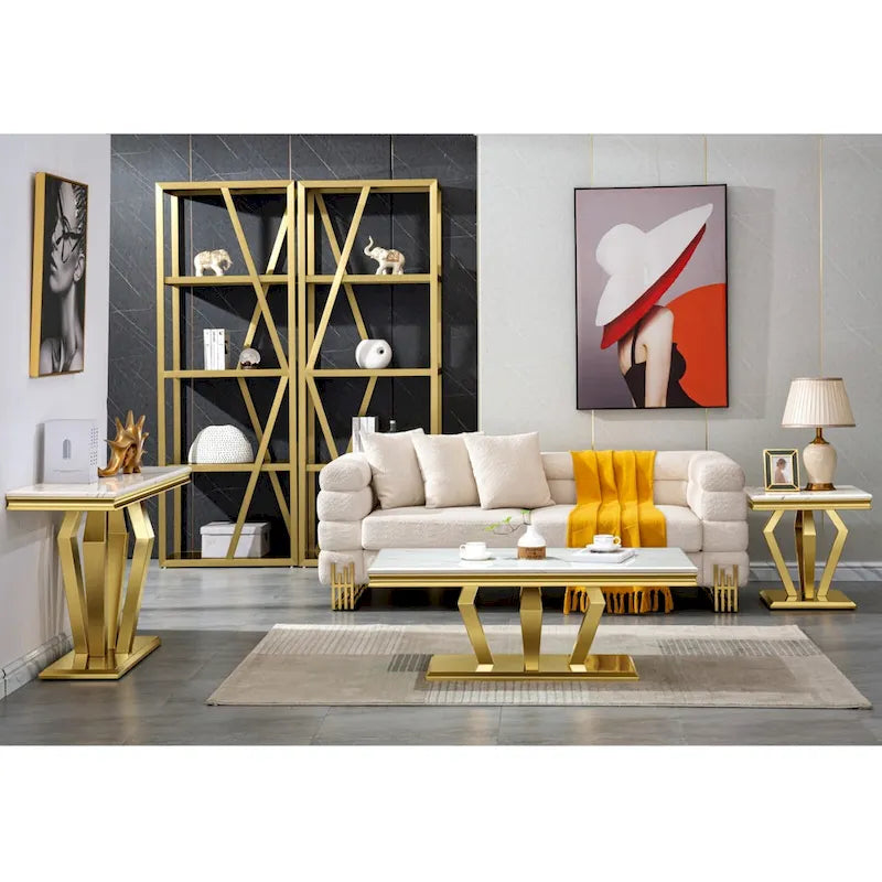 Rectangular Faux Marble Top Coffee Table with Gold Mirrored Stainless Steel Base