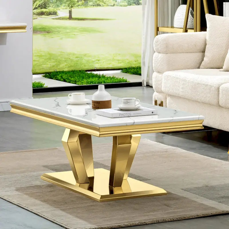 Rectangular Faux Marble Top Coffee Table with Gold Mirrored Stainless Steel Base