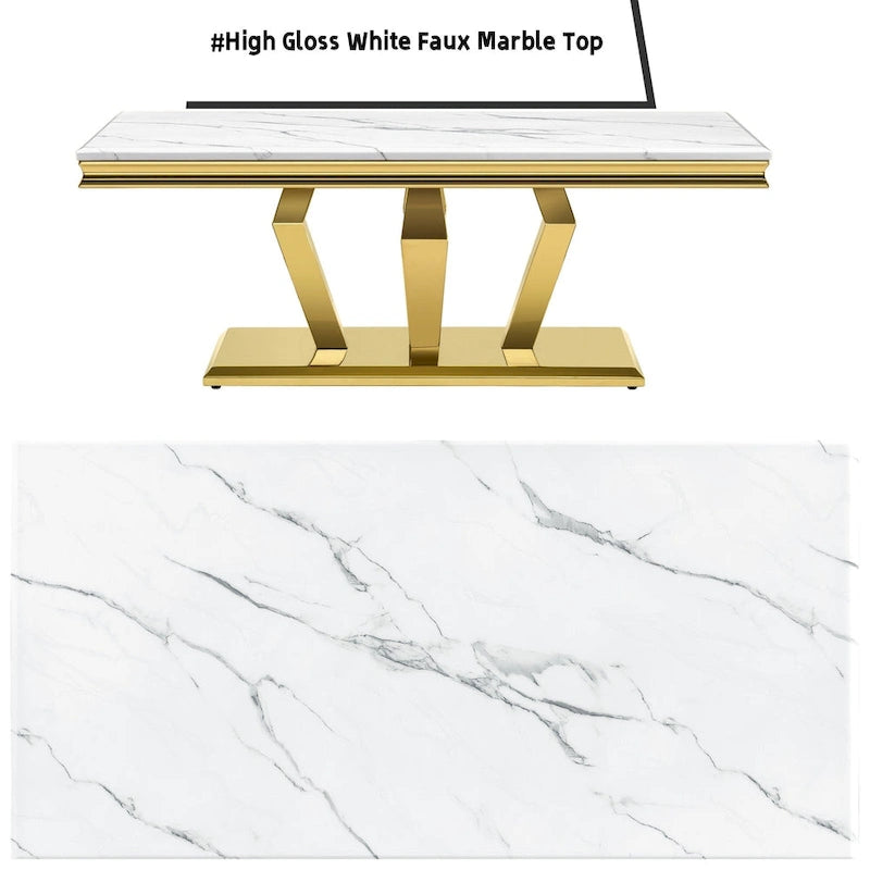 Rectangular Faux Marble Top Coffee Table with Gold Mirrored Stainless Steel Base