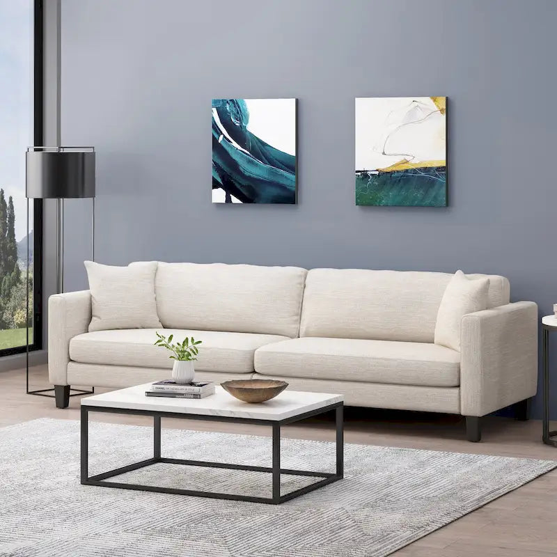 Contemporary Fabric Upholstered Sofa with Accent Pillows Birch Wood Legs Charcoal Beige