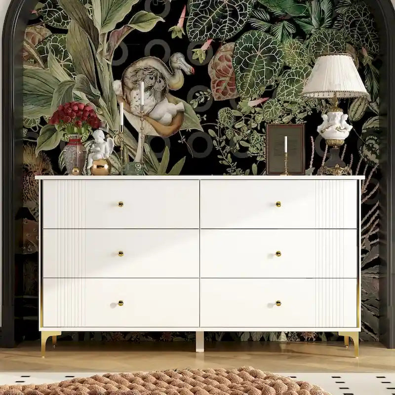 White 6-Drawer Dresser with Gold Handles Modern MDF Storage Chest