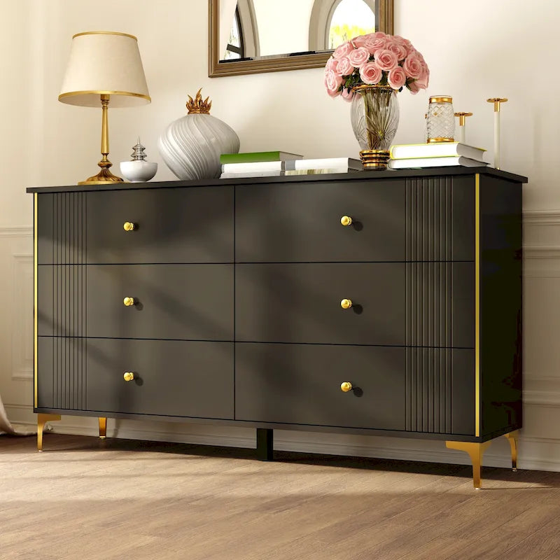 White 6-Drawer Dresser with Gold Handles Modern MDF Storage Chest