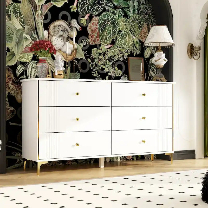 White 6-Drawer Dresser with Gold Handles Modern MDF Storage Chest