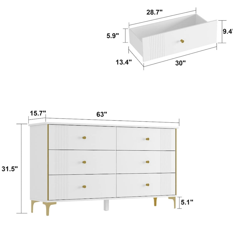 White 6-Drawer Dresser with Gold Handles Modern MDF Storage Chest