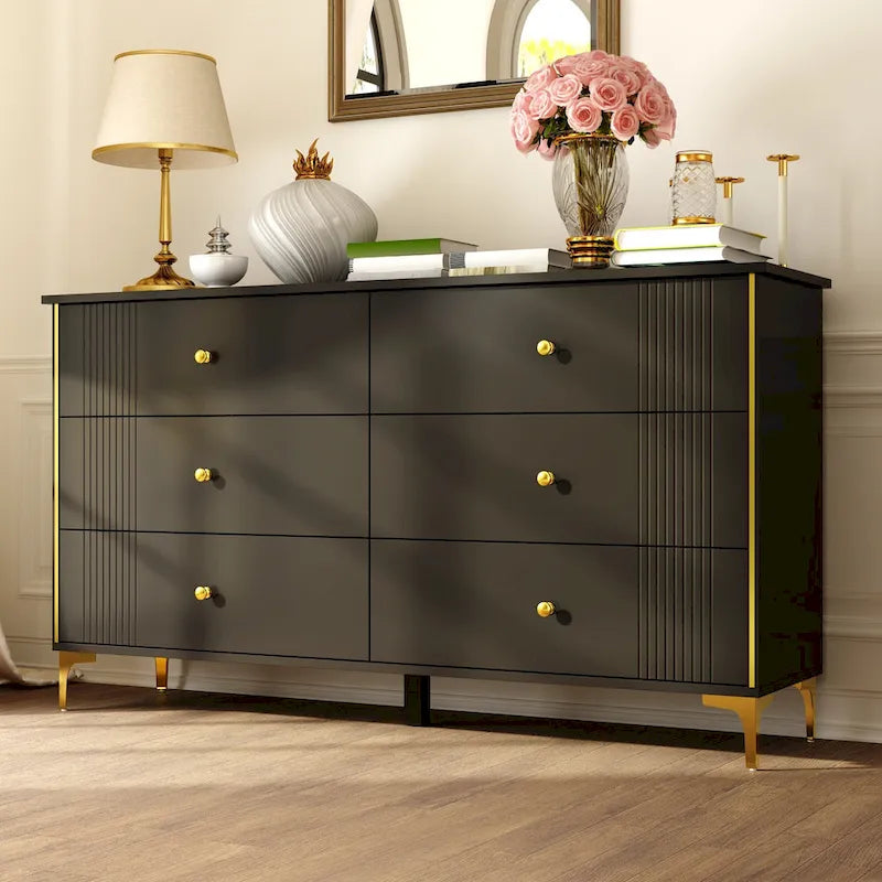 White 6-Drawer Dresser with Gold Handles Modern MDF Storage Chest