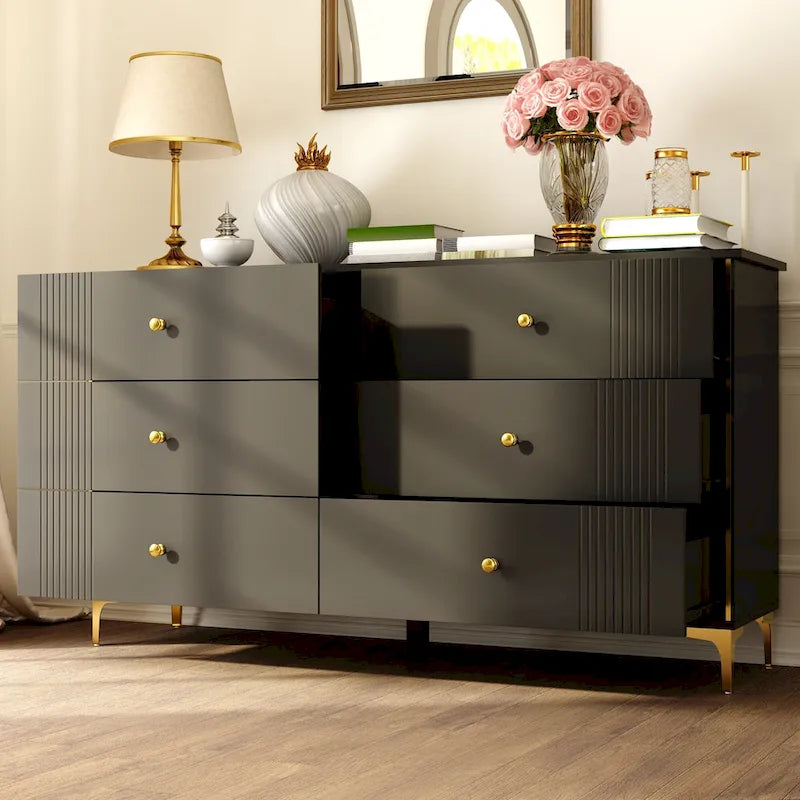 White 6-Drawer Dresser with Gold Handles Modern MDF Storage Chest