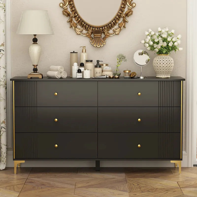 White 6-Drawer Dresser with Gold Handles Modern MDF Storage Chest