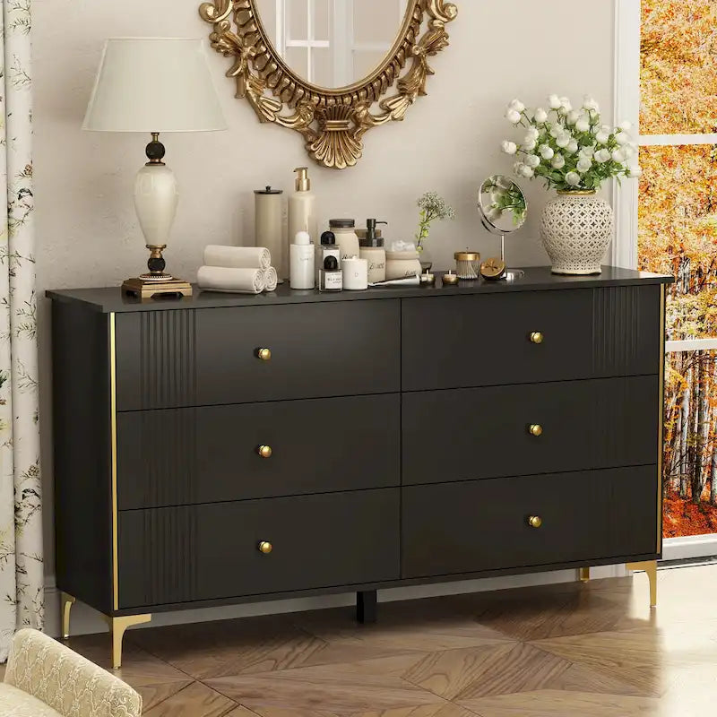 White 6-Drawer Dresser with Gold Handles Modern MDF Storage Chest