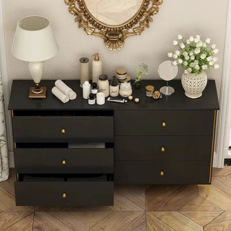 White 6-Drawer Dresser with Gold Handles Modern MDF Storage Chest