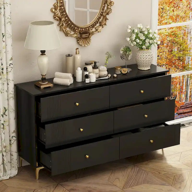 White 6-Drawer Dresser with Gold Handles Modern MDF Storage Chest