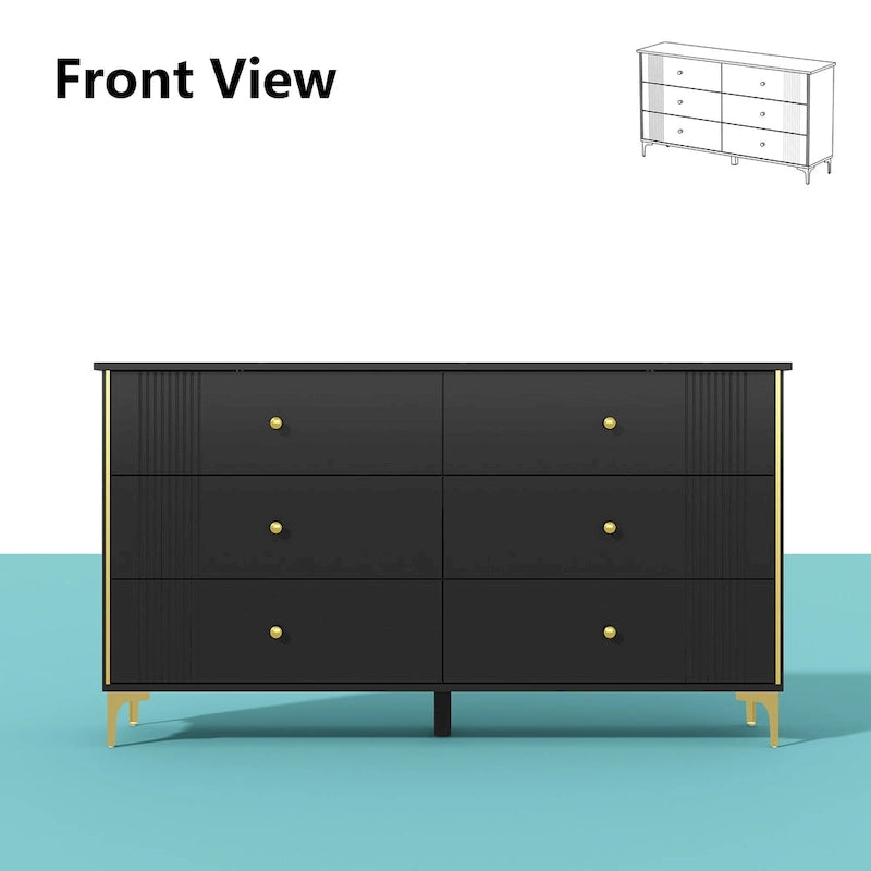 White 6-Drawer Dresser with Gold Handles Modern MDF Storage Chest