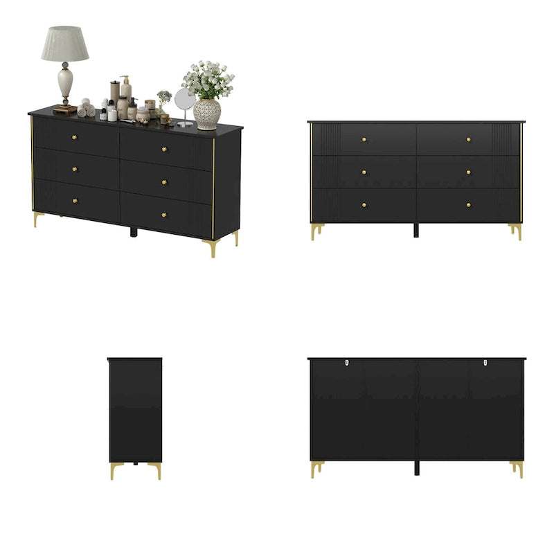 White 6-Drawer Dresser with Gold Handles Modern MDF Storage Chest