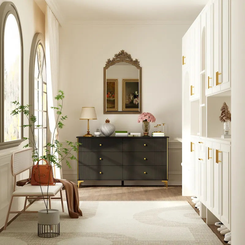 White 6-Drawer Dresser with Gold Handles Modern MDF Storage Chest