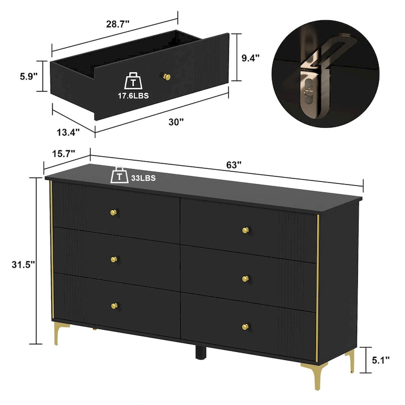 White 6-Drawer Dresser with Gold Handles Modern MDF Storage Chest