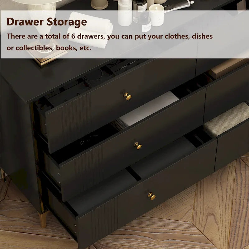 White 6-Drawer Dresser with Gold Handles Modern MDF Storage Chest