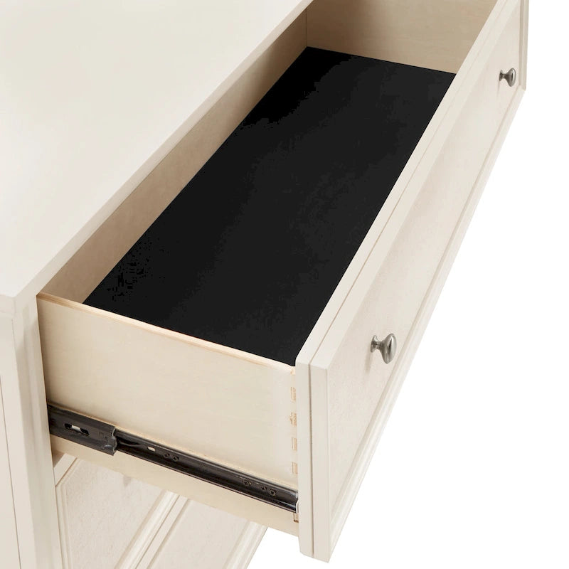 White Beige Linen Upholstered Dresser with Soft-Close Drawers Silver Knobs