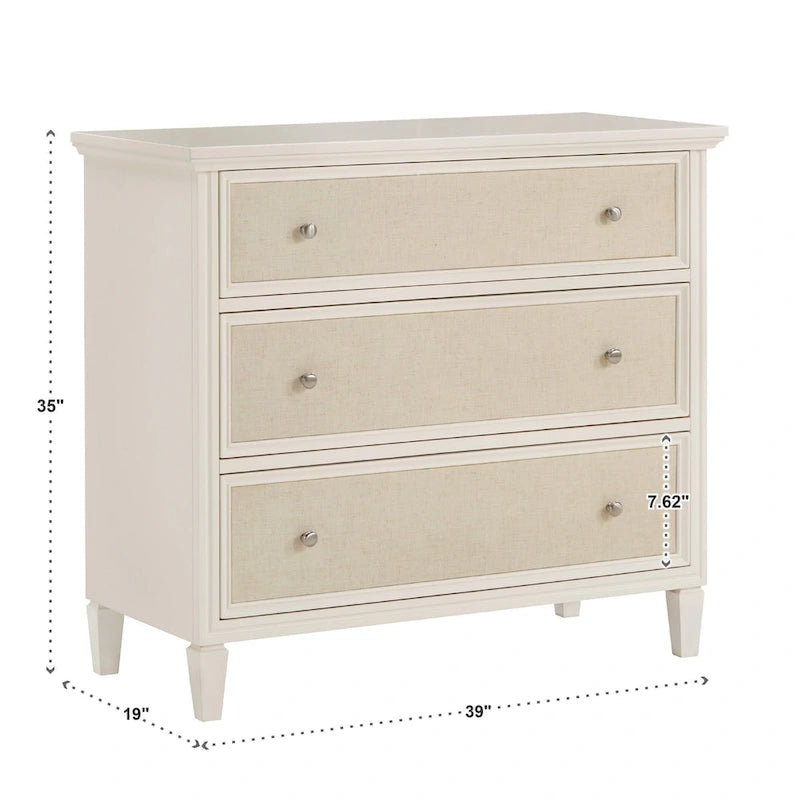 White Beige Linen Upholstered Dresser with Soft-Close Drawers Silver Knobs