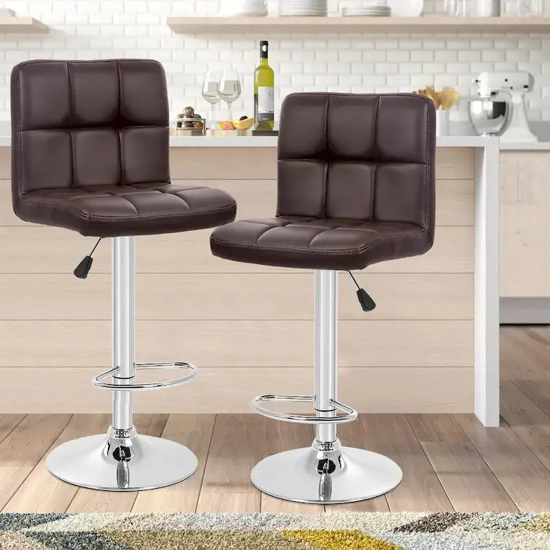 Quilted PU Leather Adjustable Height Swivel Bar Stool with Chrome Base