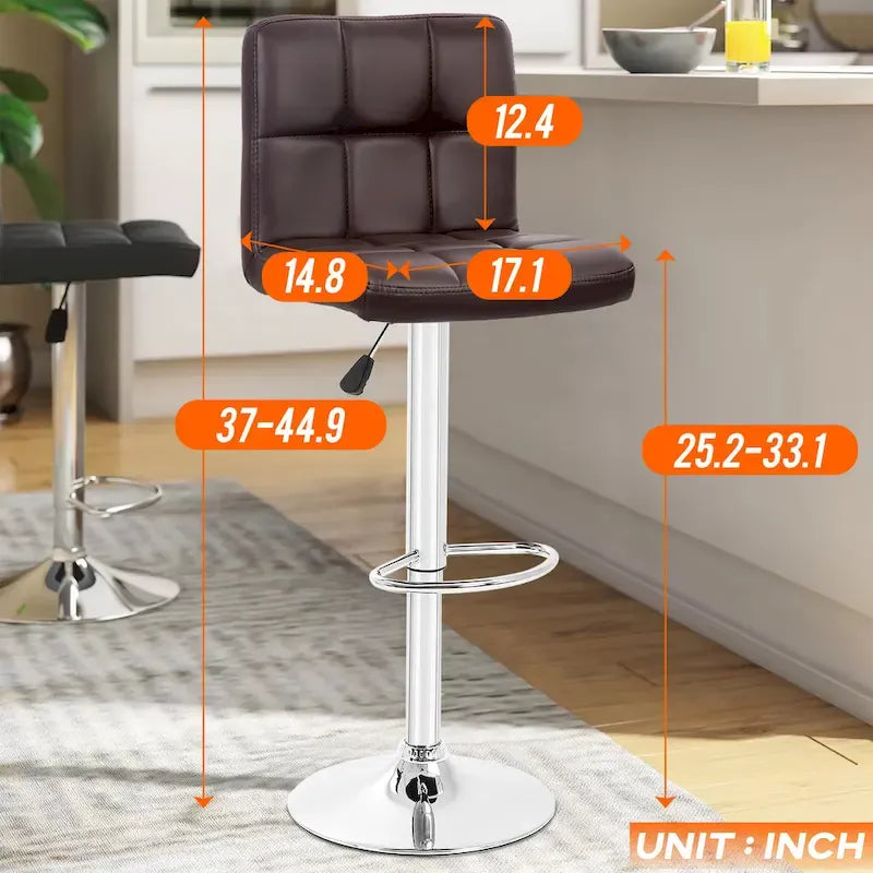 Quilted PU Leather Adjustable Height Swivel Bar Stool with Chrome Base