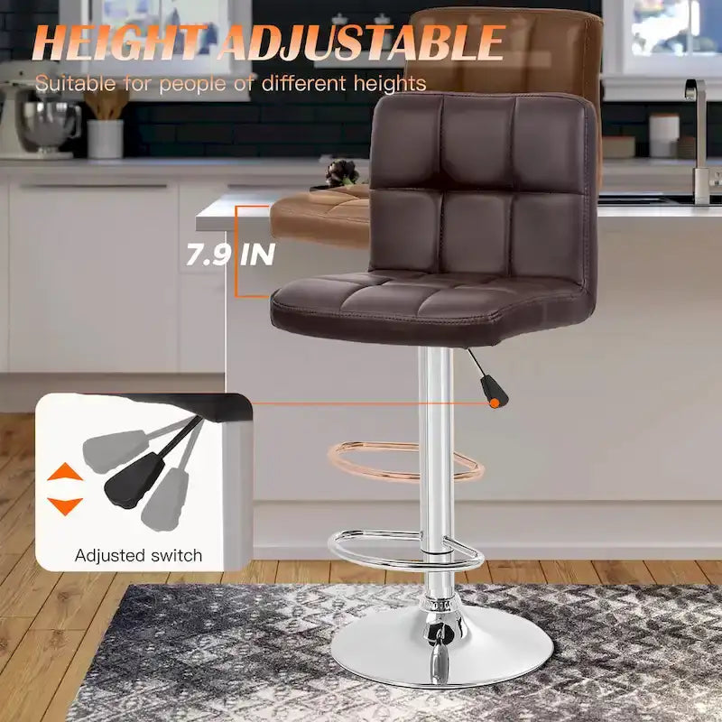 Quilted PU Leather Adjustable Height Swivel Bar Stool with Chrome Base