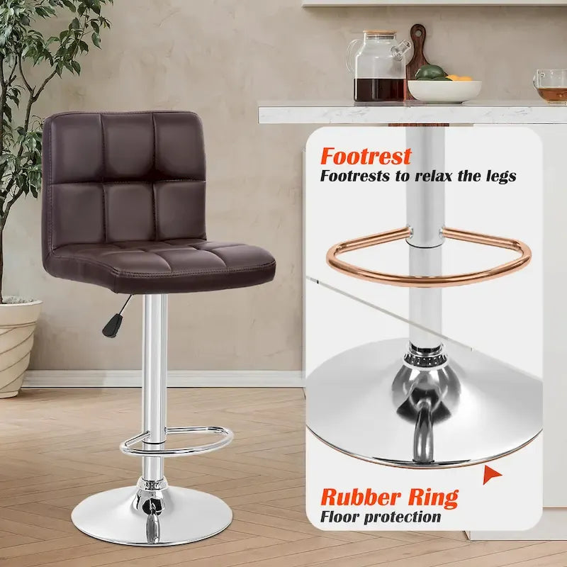 Quilted PU Leather Adjustable Height Swivel Bar Stool with Chrome Base
