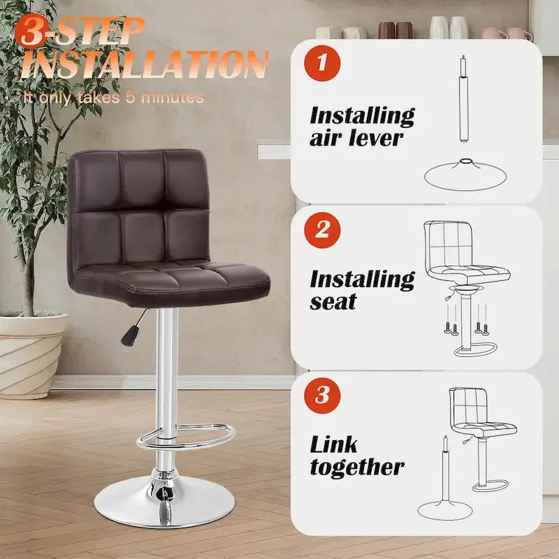 Quilted PU Leather Adjustable Height Swivel Bar Stool with Chrome Base