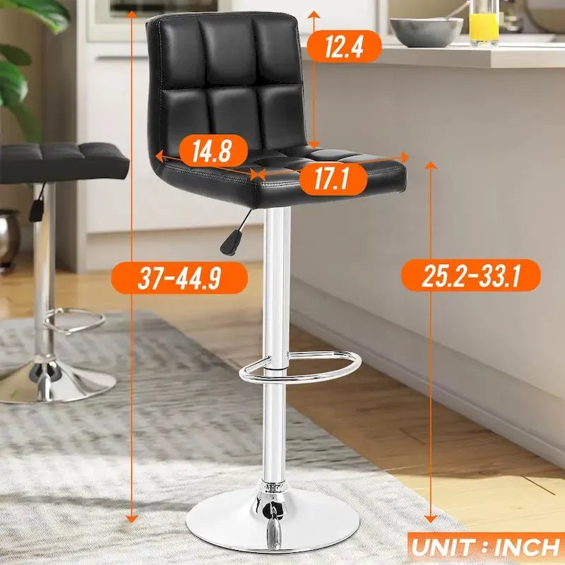 Quilted PU Leather Adjustable Height Swivel Bar Stool with Chrome Base